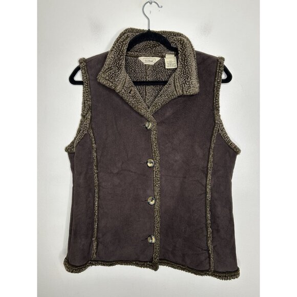 L.L. Bean Faux Shearling Vest Women’s Brown Sherpa Button Up Size Small - Picture 1 of 9